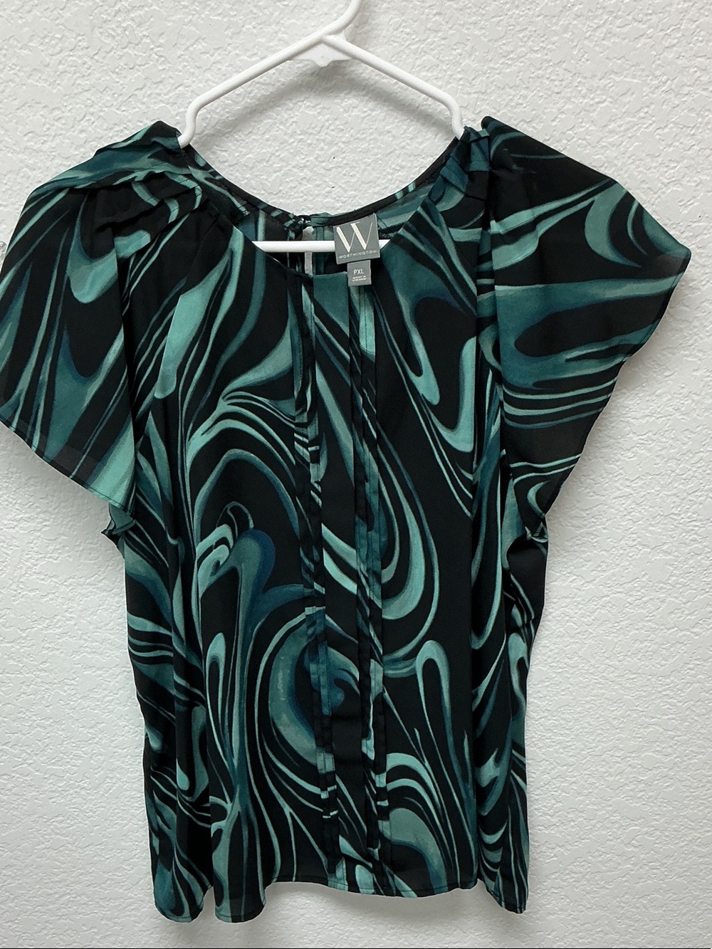 Worthington Black and Teal Swirl Flutter-Sleeve Blouse